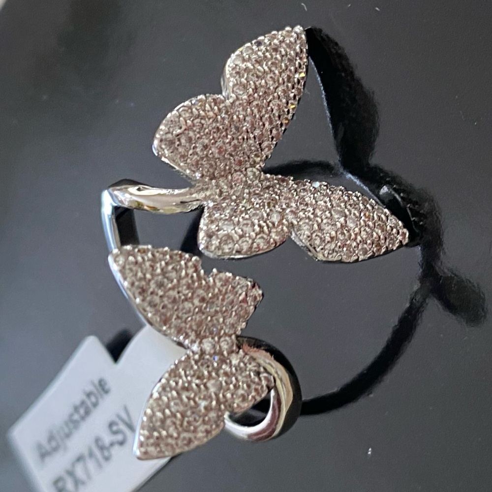 Silvertone Adjustable Butterfly Crystal Ring